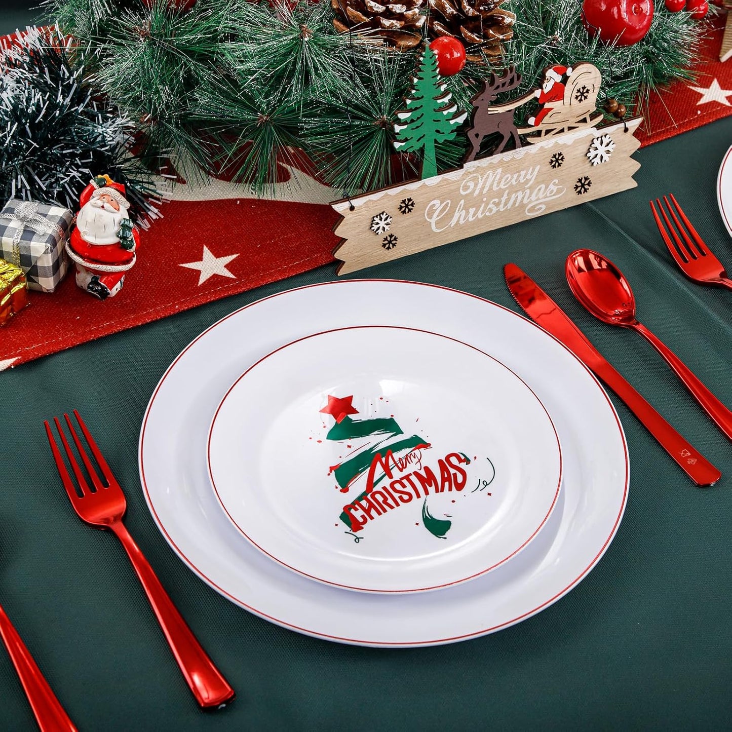 NOCCUR 60PCS Christmas Plates - Include 30 Dinner/Dessert Plastic Plates with Red Christmas Trees, Serve for 30 Guests