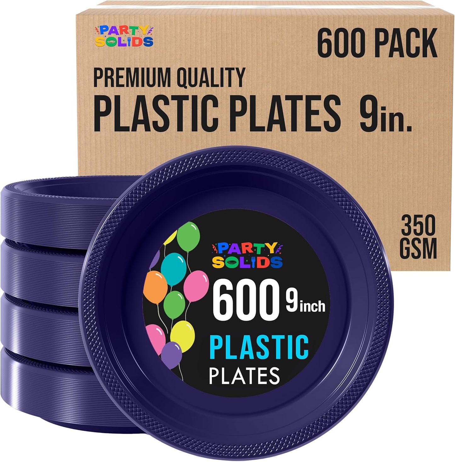Party Solids Navy Plastic Plates Bulk 9" Navy Disposable Plates For Party Supplies 600 Pieces Disposable Dinner Plate Heavy Duty 350 GSM Plate Sets, Plastic Dinnerware Sets
