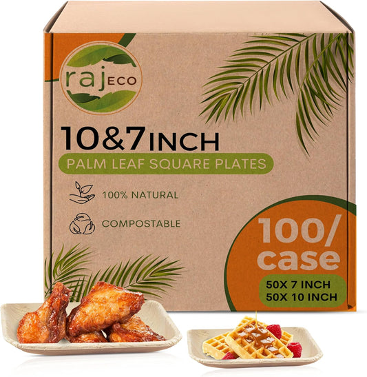 Raj Palm Leaf Plates Bulk [50-Pack] 10" & 7" Square Plates (2 CASES - 100 PACK) like Bamboo plates Disposable, Strong, Decorative Compostable Tableware for weddings, Lunch, Dinner