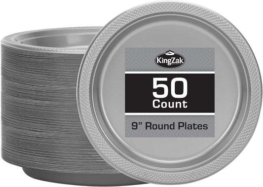 Hanna K. Signature Collection Silver Solid Color Premium Heavy Weight Plastic Dinner Plate (9") 50 Count - Premium Plastic, Elegant & Durable, Perfect for Events