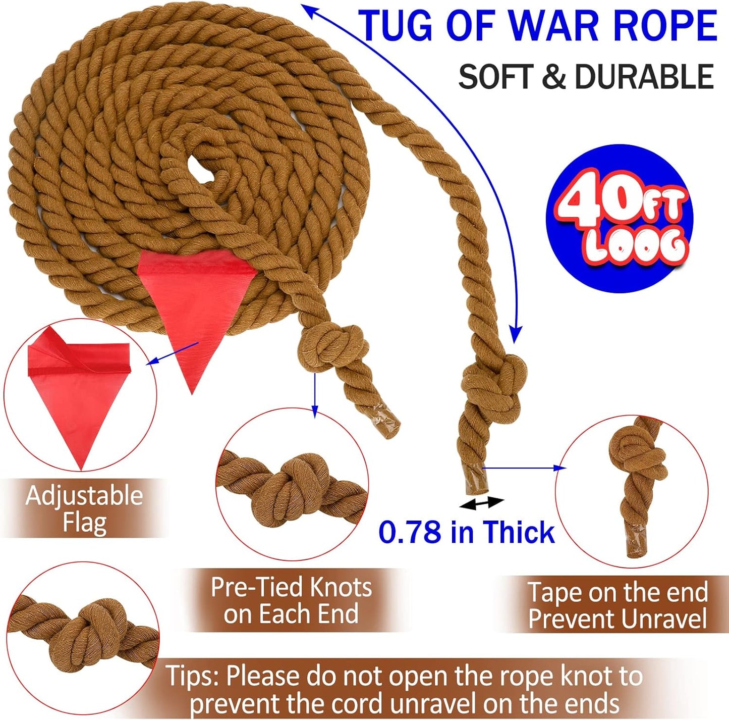 Outdoor Games Tug a War Rope 40FT for Kids and Adult, Field Day Family Reunion Outside Yard Backyard Lawn Picnic Carnival Fun Easter Games Tug of War for Birthday Party, Team Building,Brown