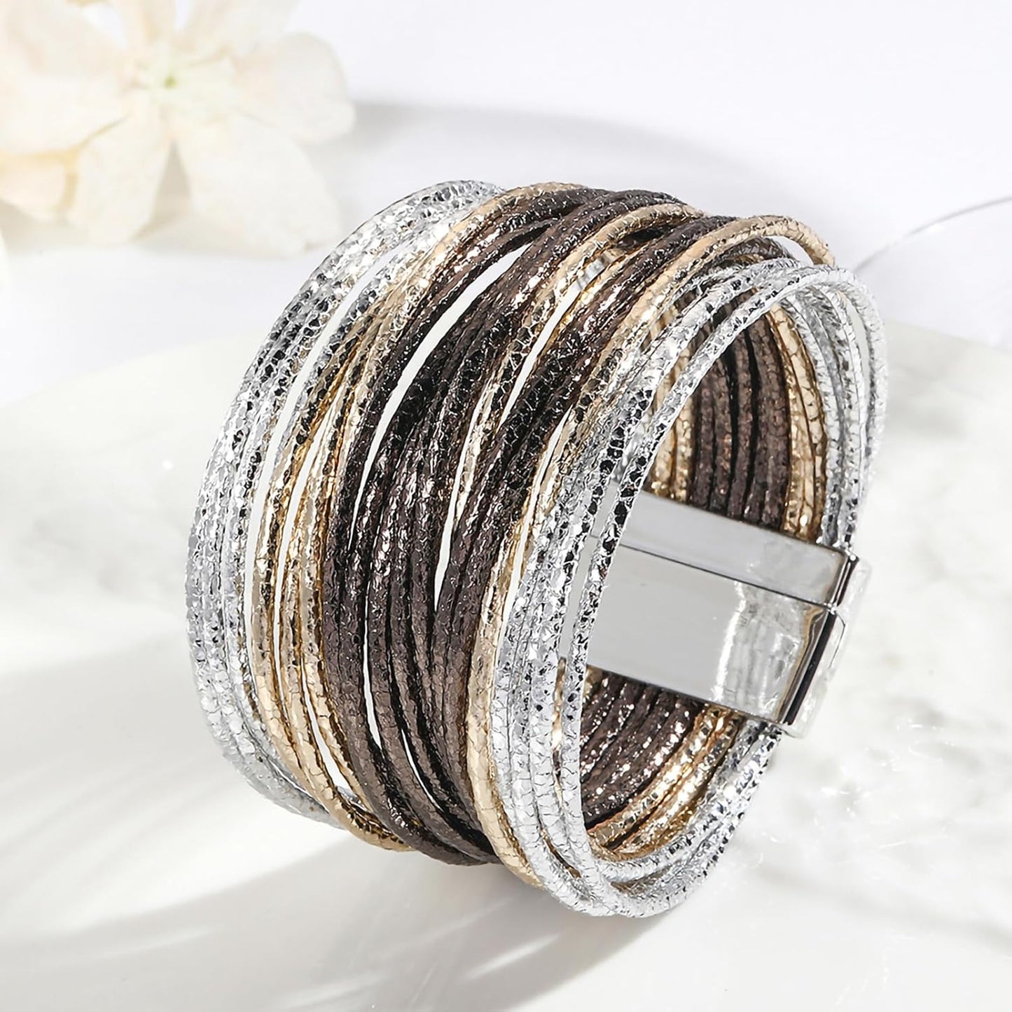 Fesciory Leopard Bracelet for Women, Boho Leather Wrap Multi-Layer Pearl Crystal Bracelet Bangle Jewelry