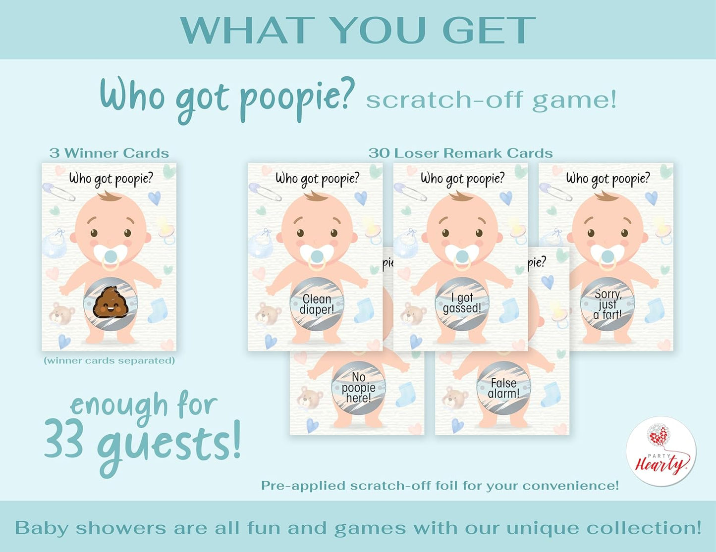 Party Hearty Baby Shower Games for Girl and Boy, 33 Poopie Emoji Scratch Off Lottery Tickets, Baby Games Ideas, Scratch Off Game.
