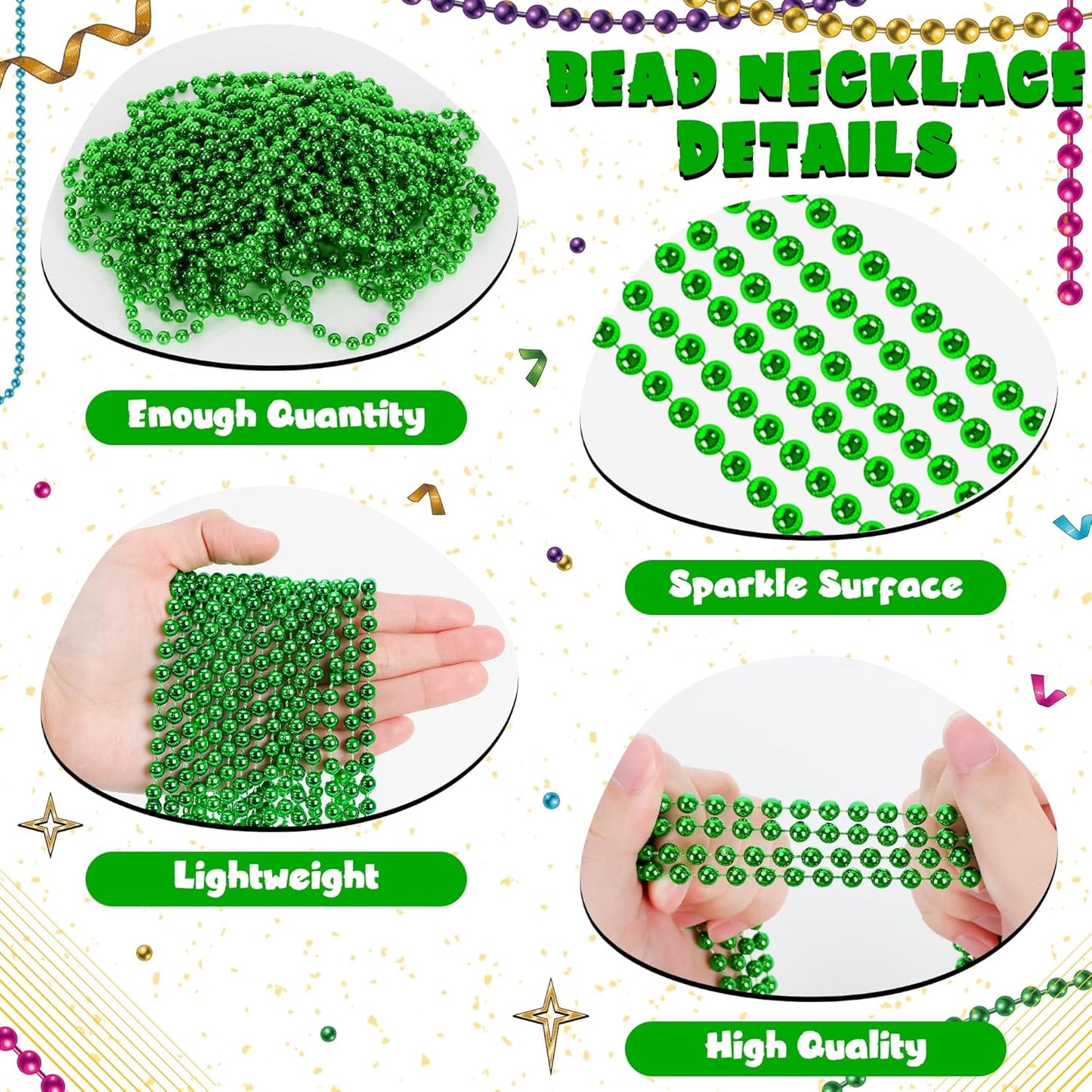 St Patricks Day Necklace, 12 PCS Mardi Gras Beads Bulk, 33 Inches Round Beads Necklaces Accessory Set, Christmas Parade Throw Accessories for Mardi Gras St. Patricks Party Supplies