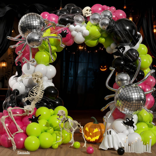 Halloween Balloons Arch Kit, Black Green Hot Pink Balloon Garland Kit with 4D Disco Spider Balloon, Black Pink White Metallic Silver Long Balloons for Halloween Birthday Home Garden Party Decorations