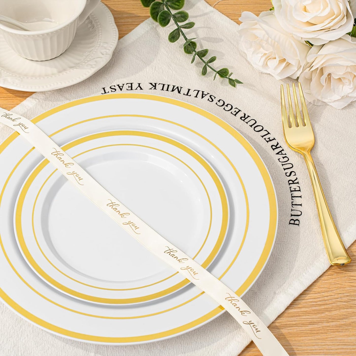 BESTVIP 700PCS Gold Plastic Dinnerware Set for 100 Guests, Disposable Plates for Party, Include: 200 Plastic Plates, 100 Pre Rolled Napkins with Gold Silverware, 100 Cups for Christmas, Halloween