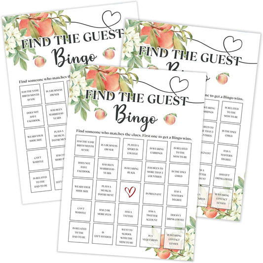 White Floral Peach Find The Guest Bingo Game - Pack of 30 Gender Neutral Boy or Girl Cards - Fun Baby Shower Game and Activity - FA31