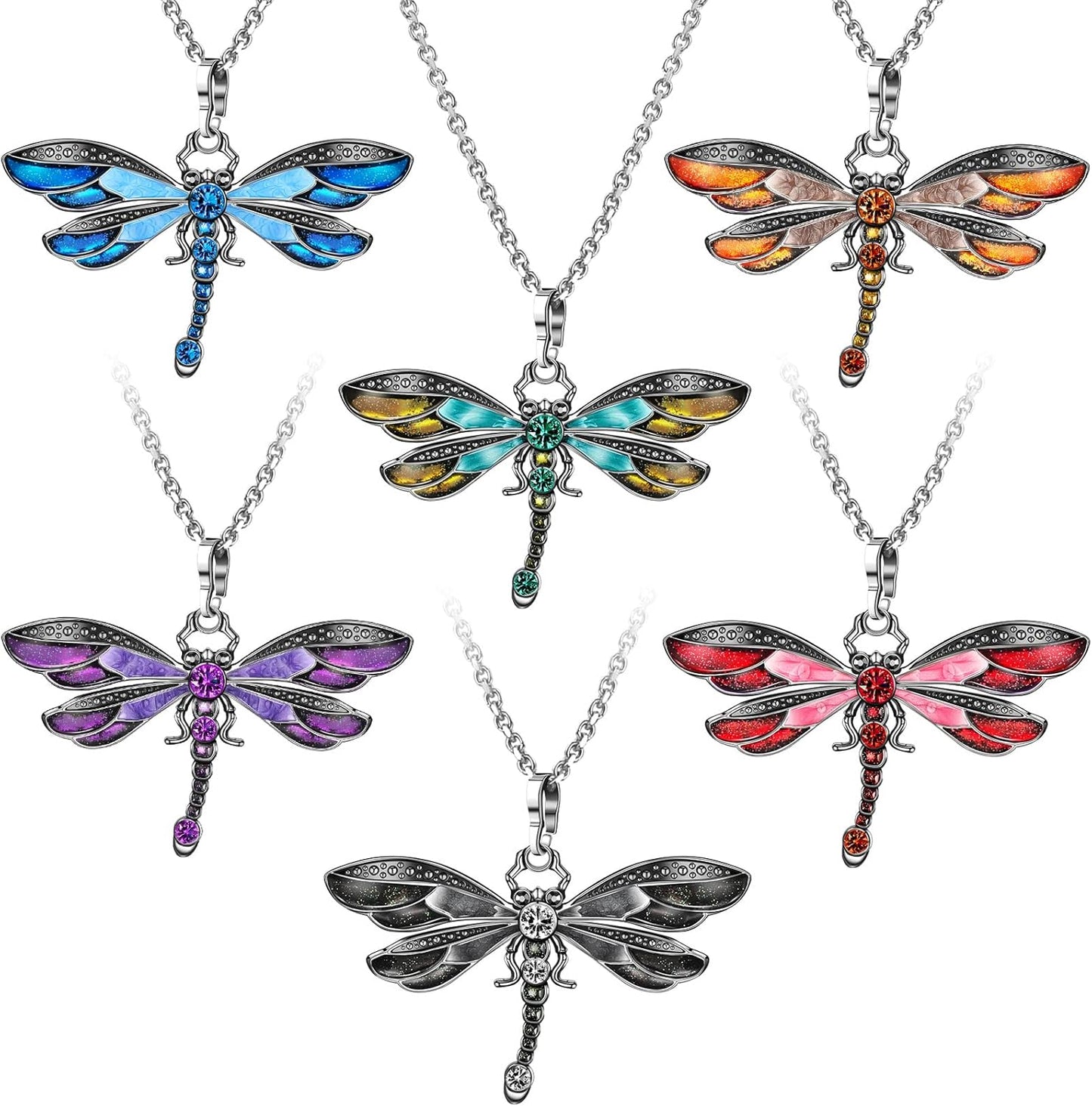 Sureio 6 Pieces Bohemian Dragonfly Necklace Bulk Bohemian Jewelry for Women Pendant Colorful Butterfly Necklace Vintage Multilayer Ethnic (Dragonfly)