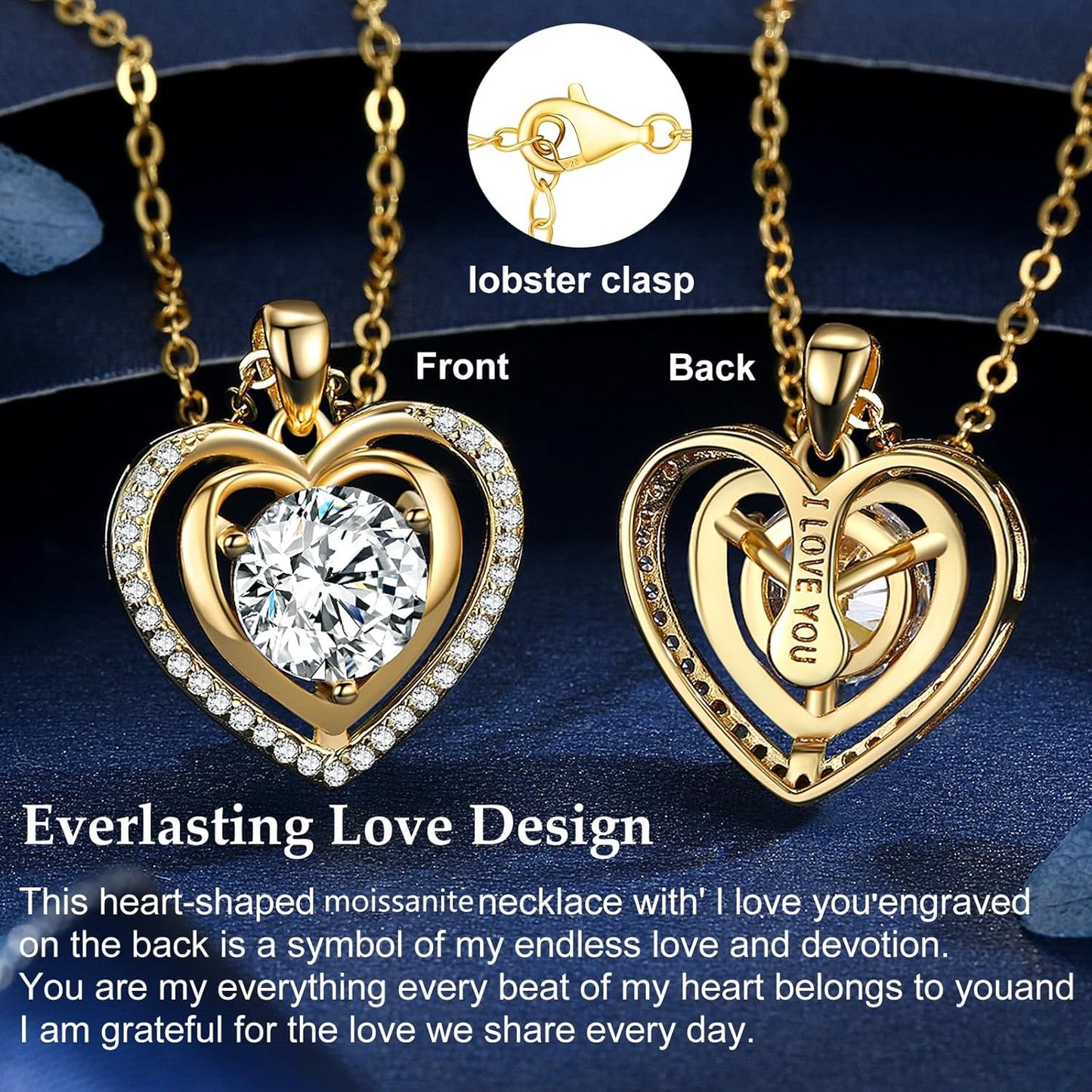 Heart Pendant Gold Necklace for Women Moissanite Lab-Created Gem I Love You Wedding Anniversary Birthday Christmas Valentine Engagements Mothers Day Jewelry for Wife Her Girlfriend Mom Daughter