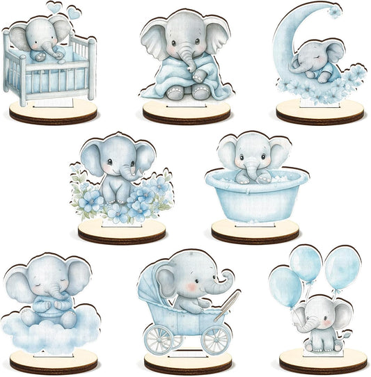 16 Pcs Wooden Baby Shower Table Centerpiece Blue Elephant Tabletop Detachable Sign It's A Boy Gender Reveal Table Toppers Display Decoration Elephant Birthday Photo Props Party Favor Supplies