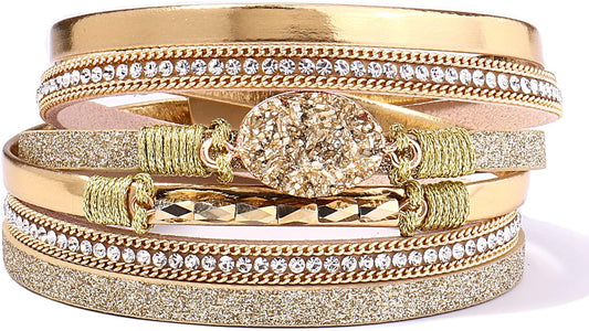 FANCY SHINY Leather Wrap Bracelet Boho Cuff Bangle Bracelets Crystal Bead Bracelet with Magnetic Clasp Jewelry Gifts for Women