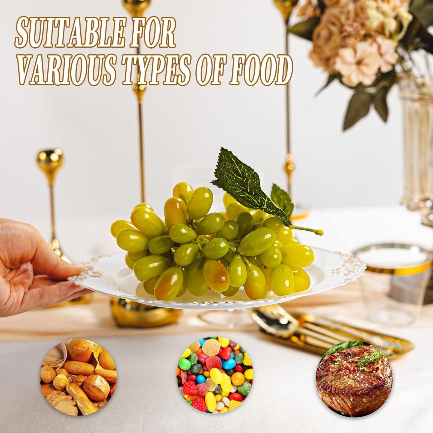 350PCS Gold and White Plastic Plates, Gold Plastic Dinnerware Sets for 50 Guests, 100 Disposable Plates, 150 Silverware, 50 Cups, 50 Napkins for Party and Wedding