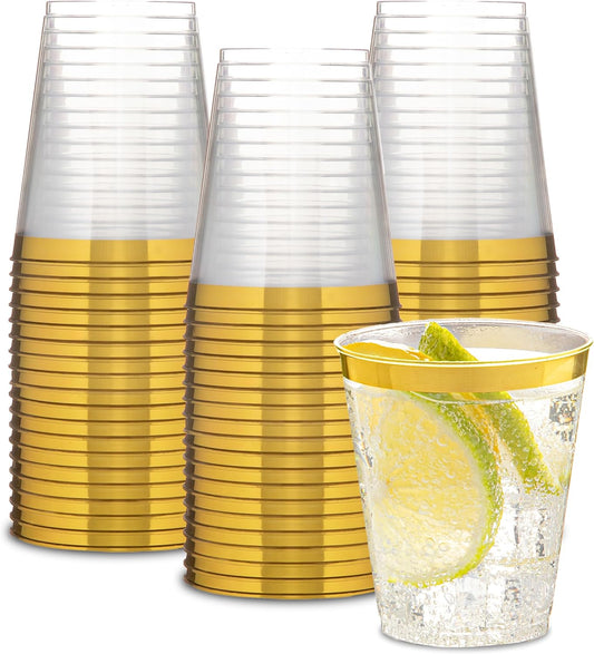 PLASTICPRO Disposable 7 oz Crystal Clear Plastic Tumblers With Gold Rim for Party's & Weddings pack of 50