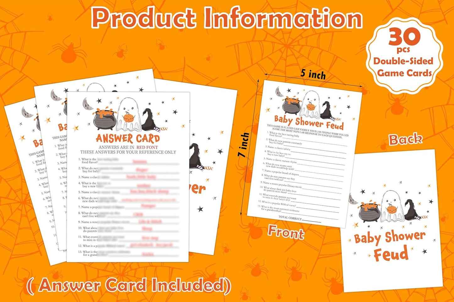 Halloween Baby Shower Feud Game, 30 Halloween Gender Reveal Games for Guests (Included Answer Card) 5x7 inch, Perfect for Neutral Gender Reveal Decorations Party Favors Supplies