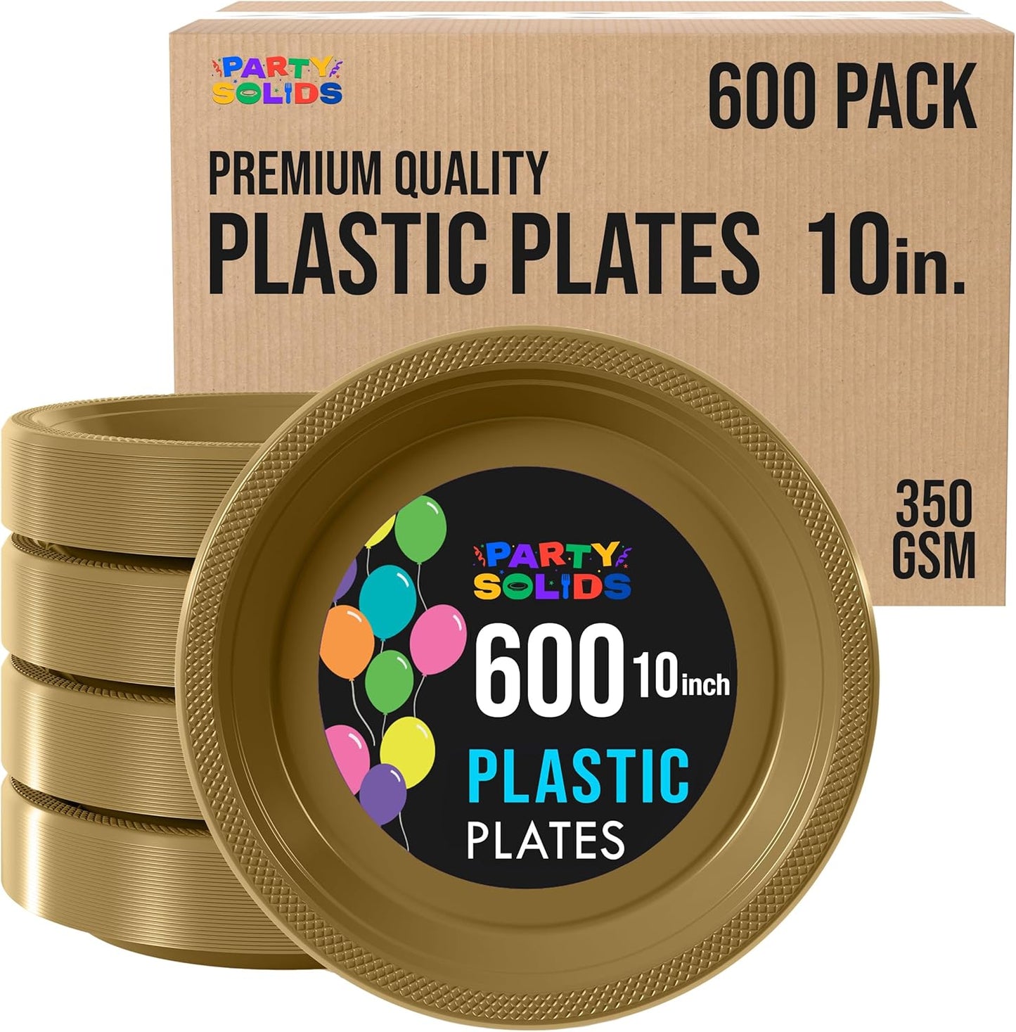 Party Solids Gold Plastic Plates Bulk 10" Gold Disposable Plates For Party Supplies 600 Pieces Disposable Dinner Plate Heavy Duty 350 GSM Plate Sets, Plastic Dinnerware Sets