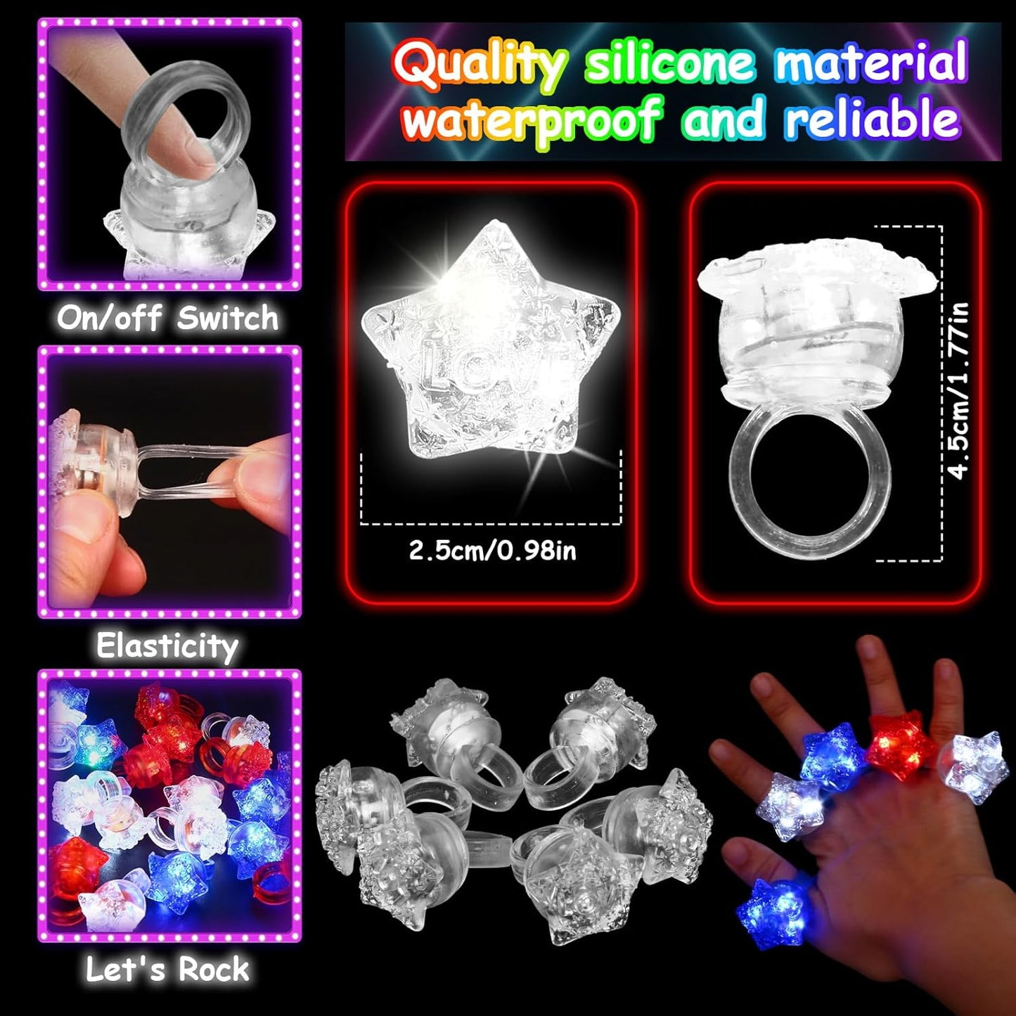24 Pack Light Up Star Rings Glow in the Dark Party Flashing LED Jelly Finger Rings for July 4th,Halloween,Christmas,Concert,Goodie Bag Fillers,Raves