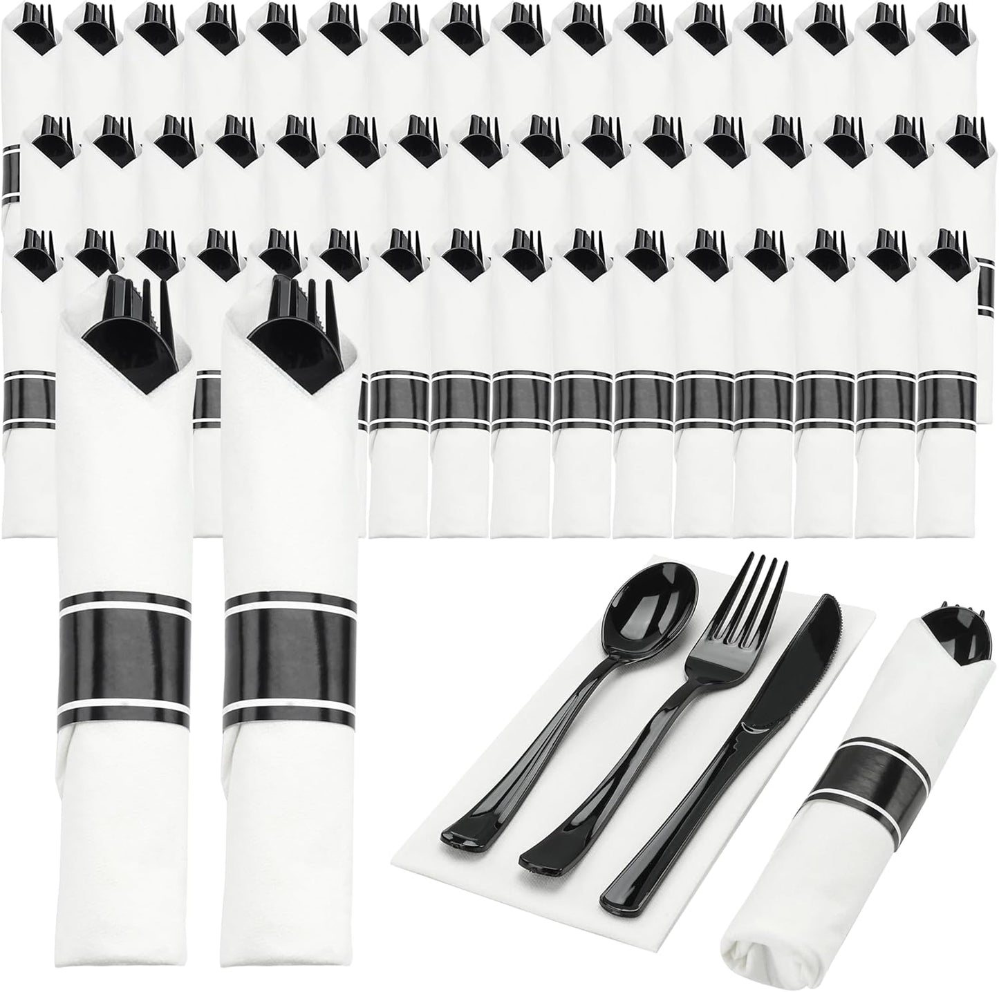 Goodluck 50 Set Black Pre Rolled Plastic Cutlery Set, Wrapped Silverware Set with 50 Forks, 50 Knives, 50 Spoons and 50 Napkins, Perfect for Party, Wedding, New Year