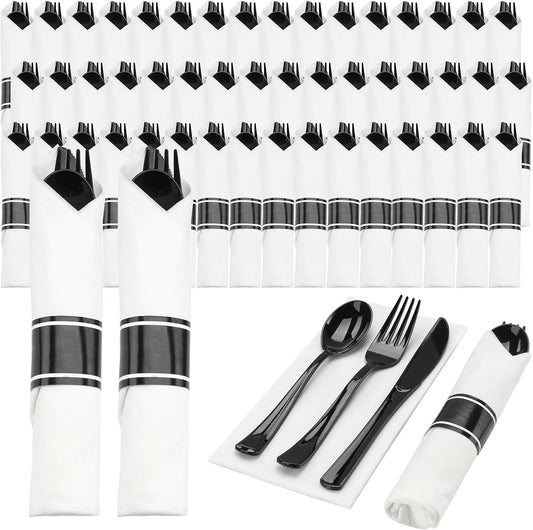 Goodluck 50 Set Black Pre Rolled Plastic Cutlery Set, Wrapped Silverware Set with 50 Forks, 50 Knives, 50 Spoons and 50 Napkins, Perfect for Party, Wedding, New Year