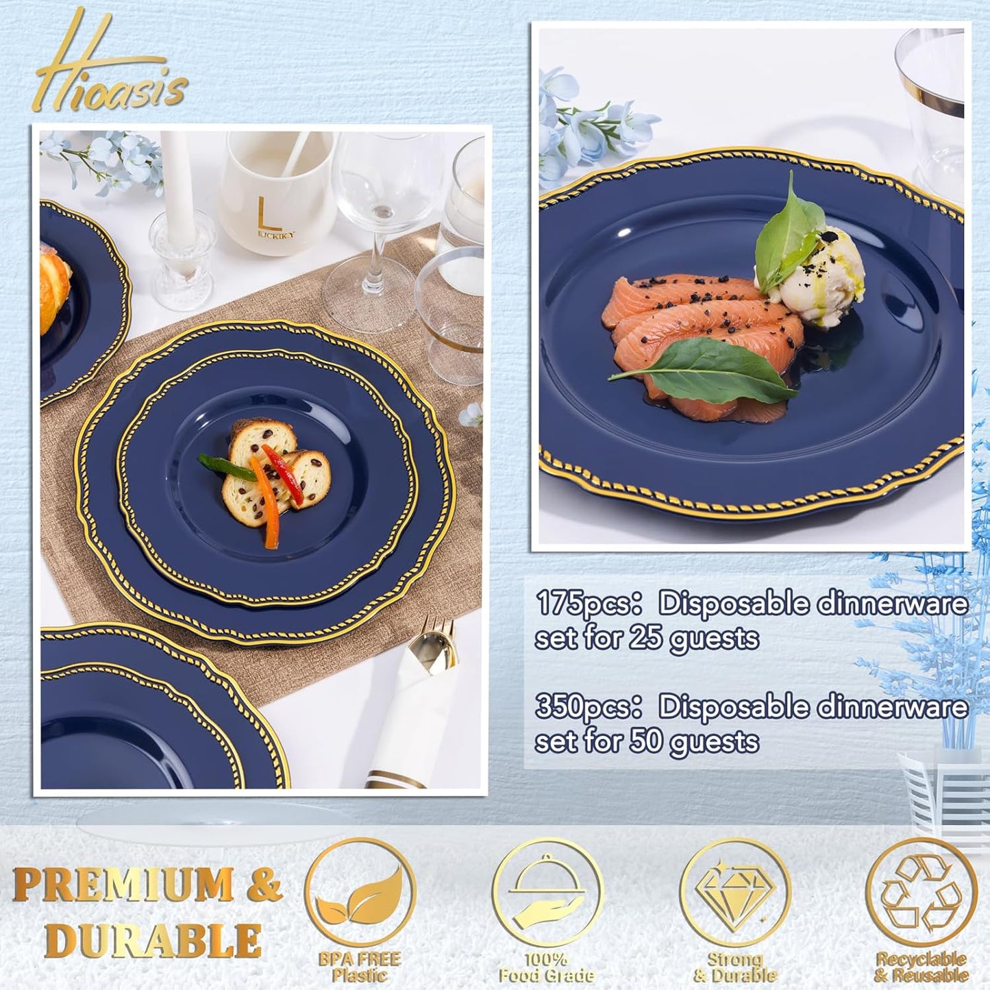 Hioasis 350pcs Blue and gold Plastic Plates - Blue Plastic Dinnerware Set Includes 50 Dinner Plates, 50 Dessert Dinnerware, 50 Cups, 50 Rolled Napkin Cutlery Perfect for Wedding & Party