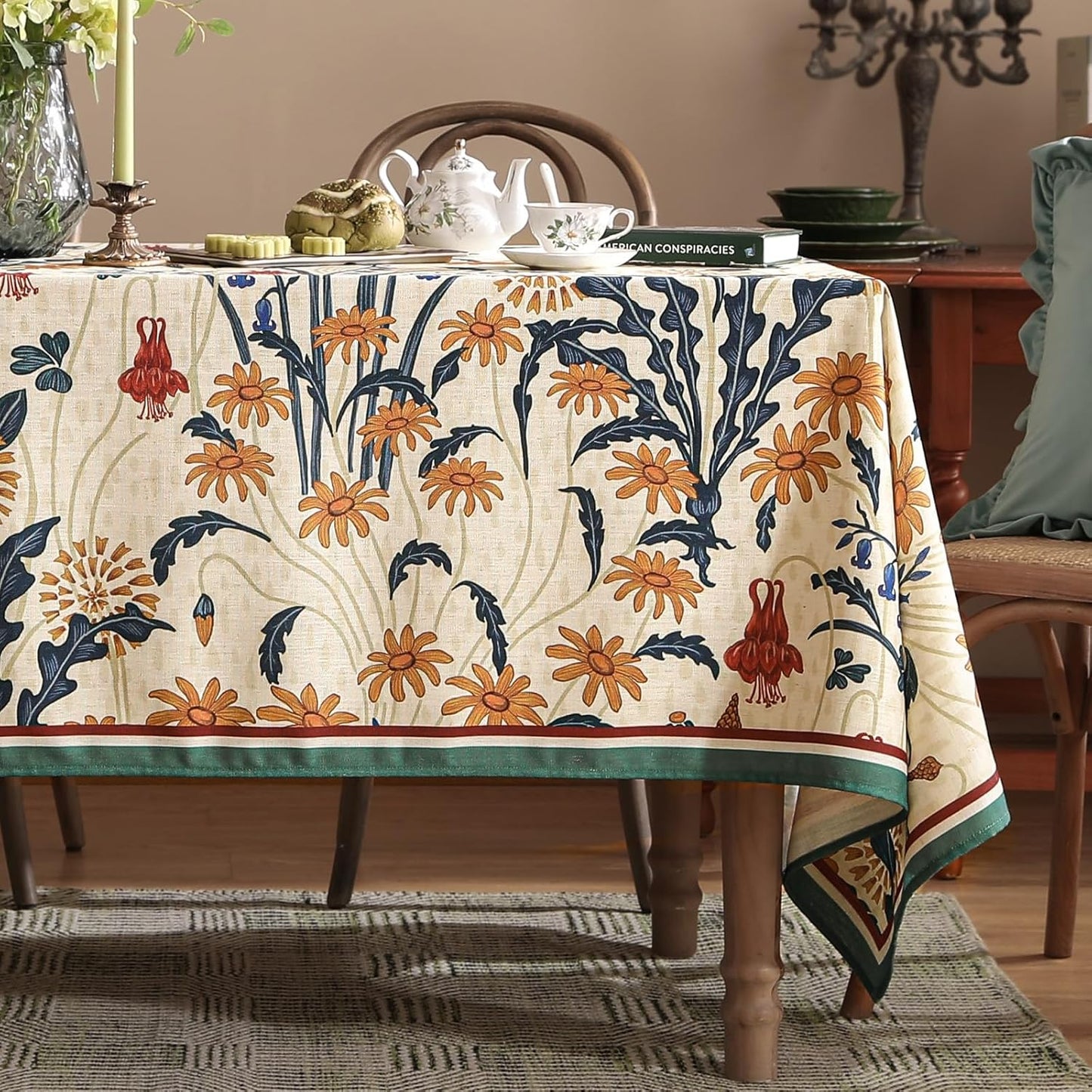 French Vintage Long Rectangular Tablecloth,Linen Tablecloth with Gold and Red Floral Pattern,Decorative Table Cover for Kitchen,Dining,Thanksgiving,Christmas,Party,63"*102"-Tijuana