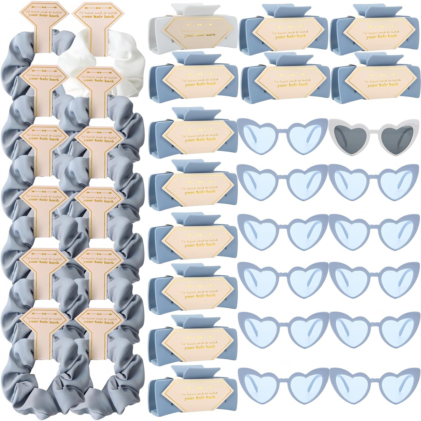 36pcs Bridesmaid Scrunchies Proposal Gifts Bachelorette Hair Claws Clips Girls heart sunglasses for Wedding Party Favors (White&Dusty Blue)