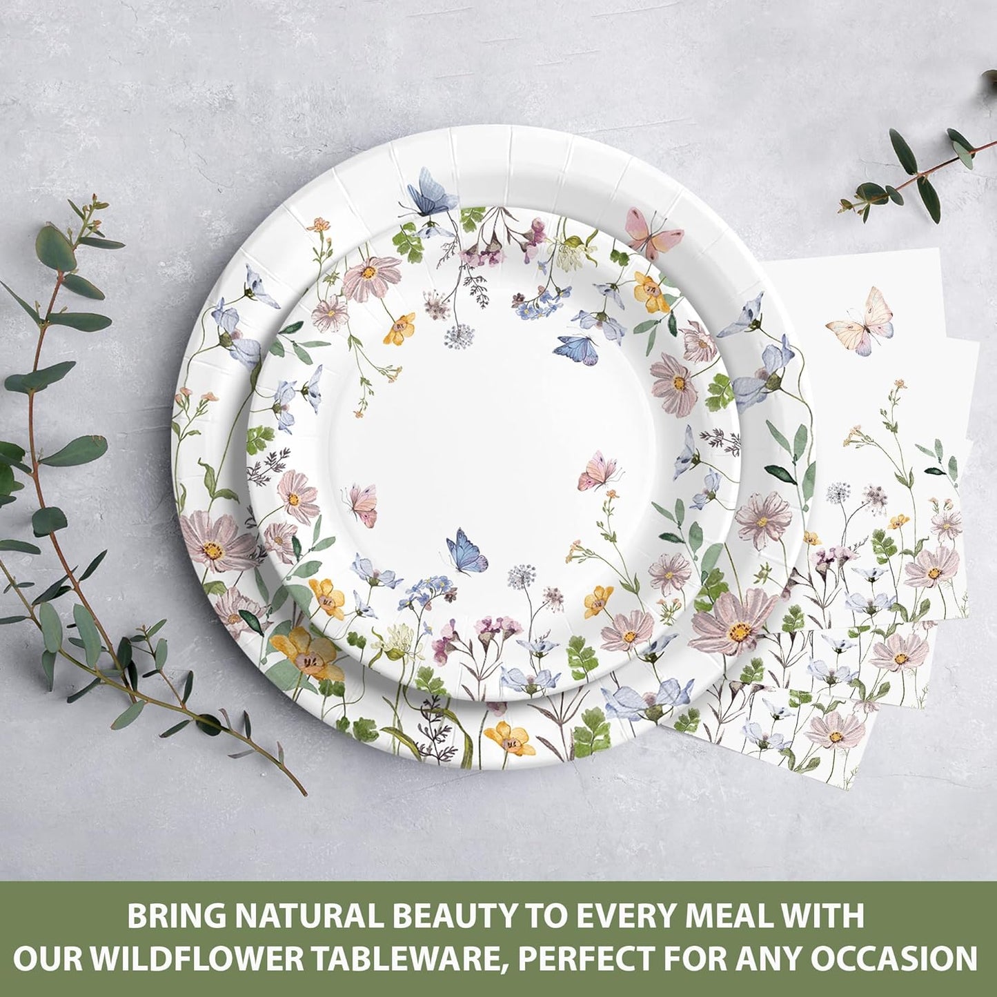 Audree 96 Pcs Wildflower Party Supplies, 24 set Disposable Paper Plates and Napkins for Party Baby Shower, Wedding, Birthday, Perfect for Guests Set Dinner and Dessert Plates, Napkins, Plastic Forks