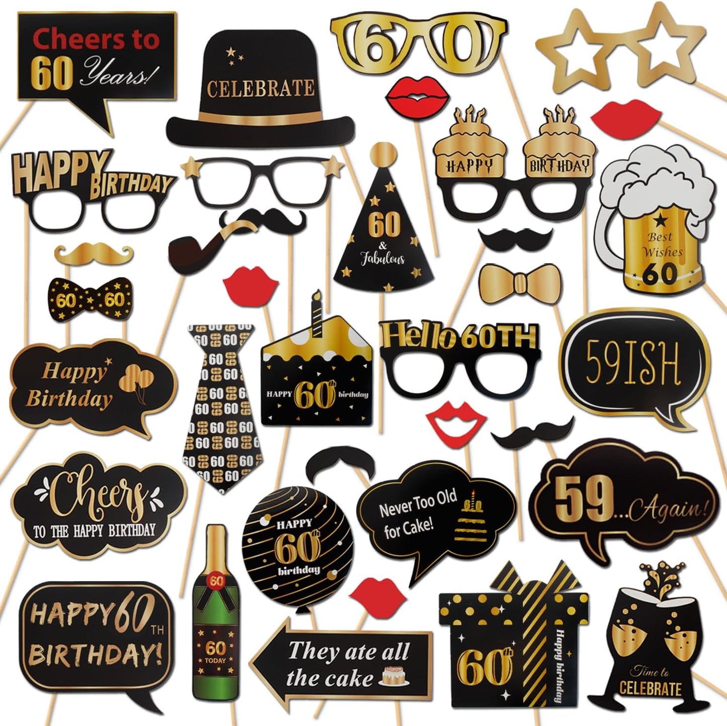 LINGTEER Happy 60th Birthday Party Photo Booth Props,Cheers to 60th Birthday Sixty Years Old Bday Party Centerpieces Props Decorations Sign.