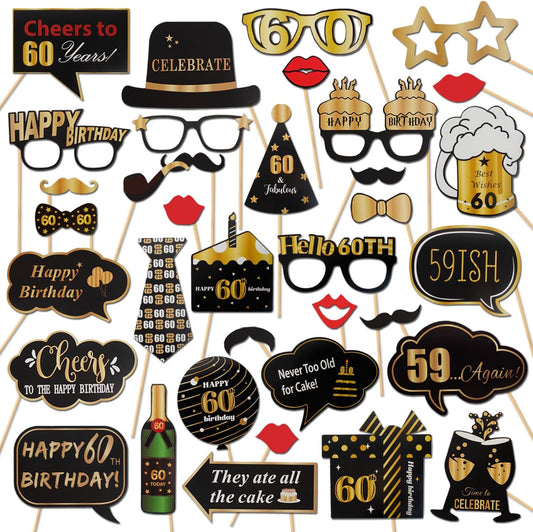 LINGTEER Happy 60th Birthday Party Photo Booth Props,Cheers to 60th Birthday Sixty Years Old Bday Party Centerpieces Props Decorations Sign.