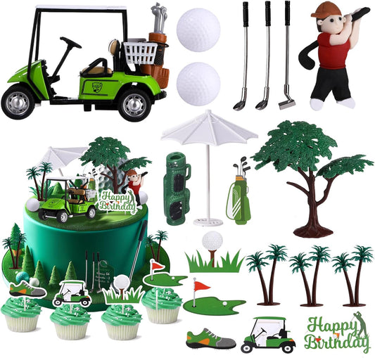 RAYNAG 19 Pieces Golf Cake Topper Birthday Decorations Party Supplies With Clay Figurine Cart Sun Umbrella Ball Green Tree for Themed Cake Decorations Party Favors