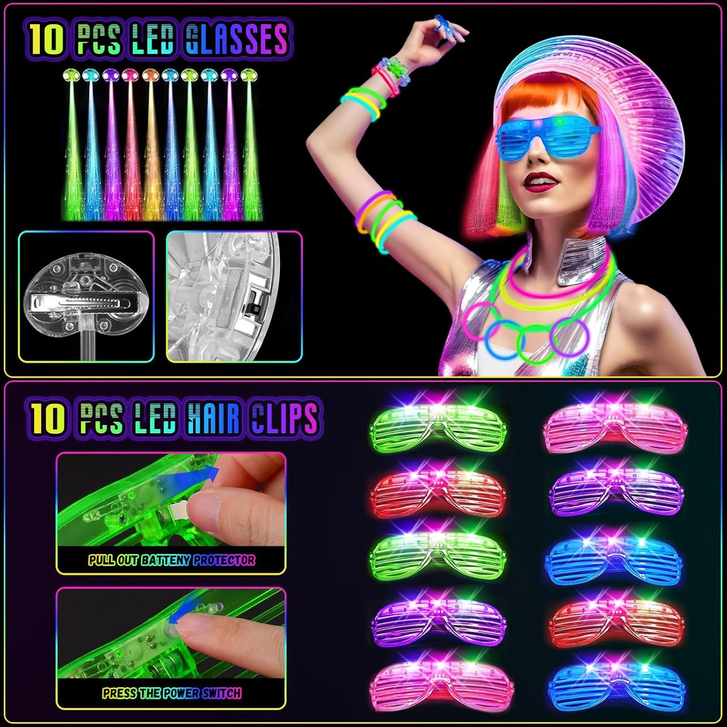 Glow in the Dark Party Supplies, 264 PCS Light Up Party Favors with LED Glasses,Glow Sticks,Finger Lights,LED Hair Clips,Slingshot,Glasses Molds,Butterfly Bracelet for Birthday,Raves,New Year