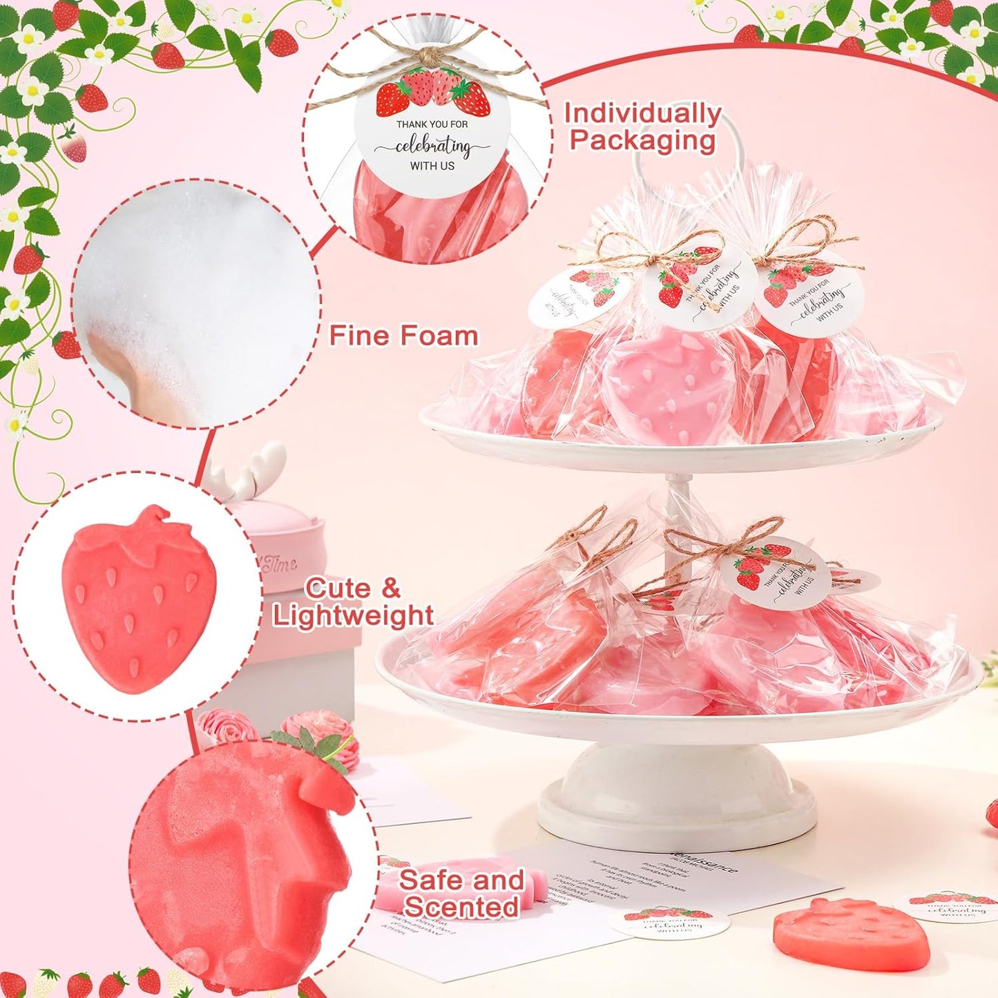 Leelosp 20 Sets Strawberry Soap Strawberry Baby Shower Favors Red and Pink Handmade Soaps with Thank You Tags Return Gift Bag for Guests Girl Gender Reveal Party Favor