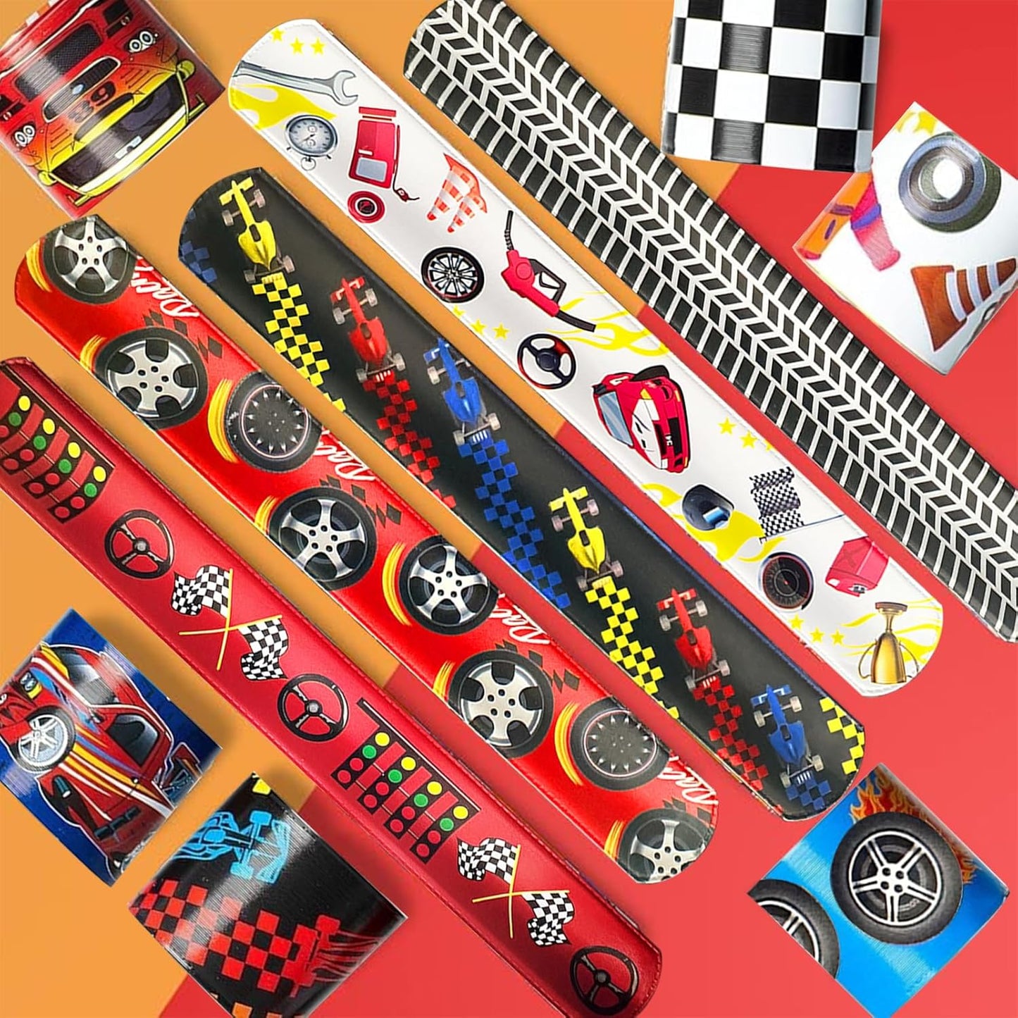24 Pcs Race Car Party Decorations Favors Racing Bracelet Racing Wristbands Bracelet Checkered Slap Bracelets Dirt Bike Task Game Decorations Car Birthday Party Supplies