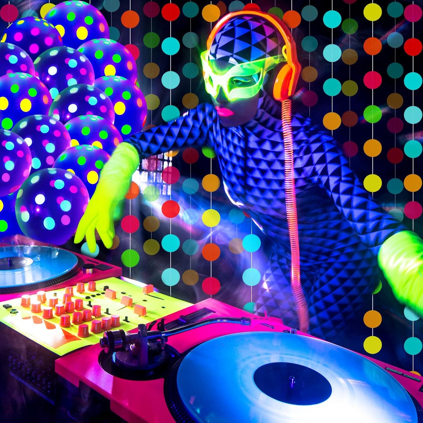 32 Pcs Glow in The Dark Party Supplies Christmas Neon Party Favors with 25 Fluorescent Balloon 6 Rolls 98.4 ft UV Blacklight Luminous Tape 14.4 ft Neon Streamer Garland for Adults(Clear Big Dot)