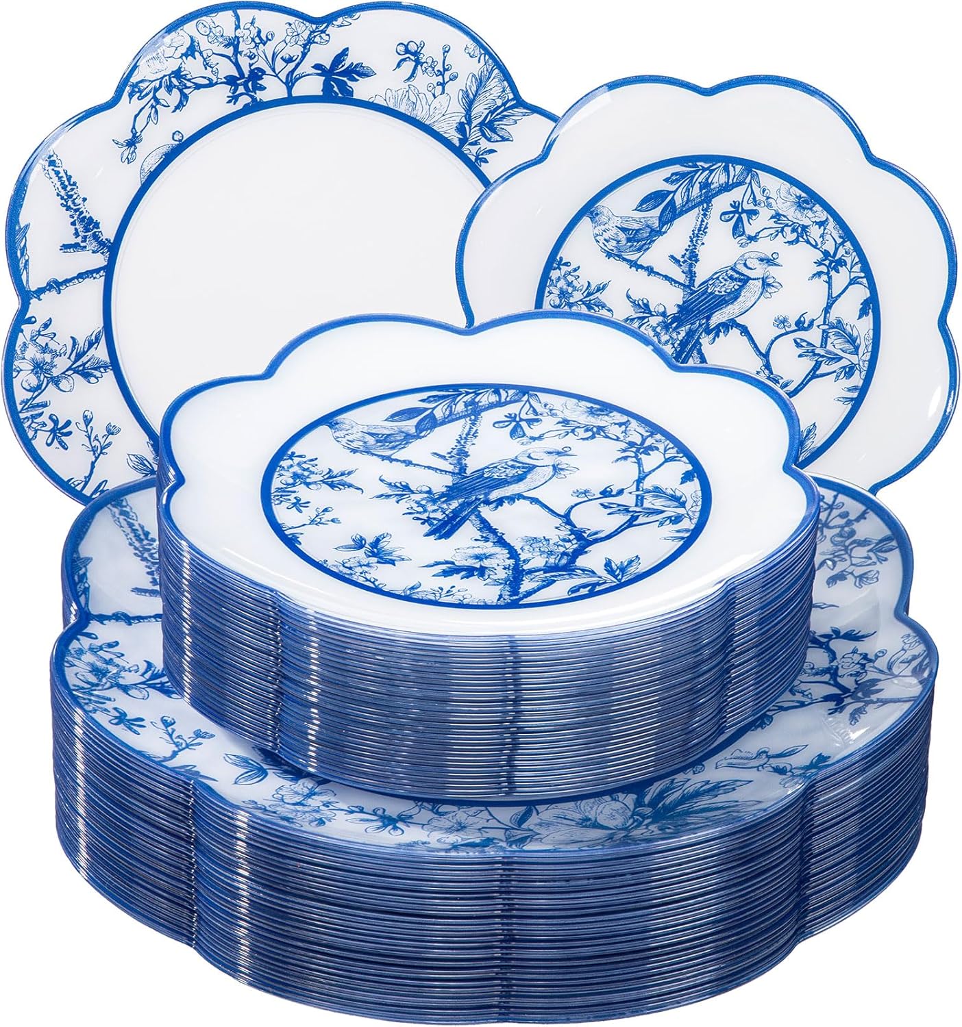 LIYH 60 Pcs Blue Plastic Plates Set - Heavy Duty Floral and White Plastic Plates for Party Wedding Elegant Plate Bridal Shower Floral Dinnerware Set - 10.25" Dinner & 7.5" Dessert Plate
