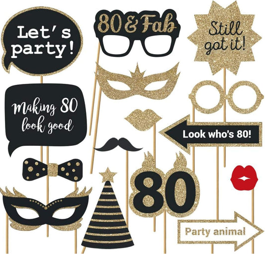 Fully Assembled 80th Birthday Photo Booth Props - Set of 30 - Black & Gold Selfie Signs - 80th Party Supplies & Decorations - Cute Bday Designs with Real Glitter - Did We Mention No DIY