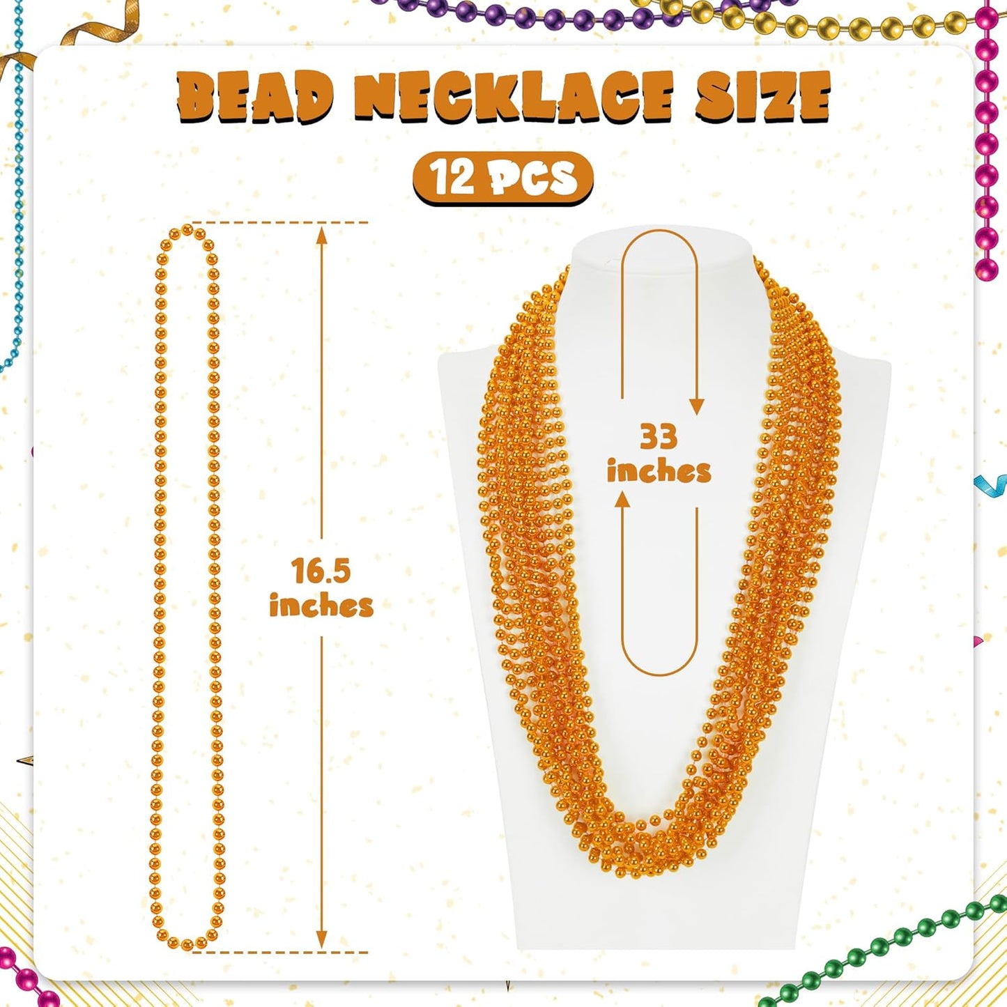 12 PCS Beaded Necklace, 33" Orange Mardi Gras Beads Necklaces Bulk, Mardi Gras Throws Accessory Set, Mardi Gras Beaded Stuff Set, Round Costume Bead Necklace for Carnival Festival Party Favors