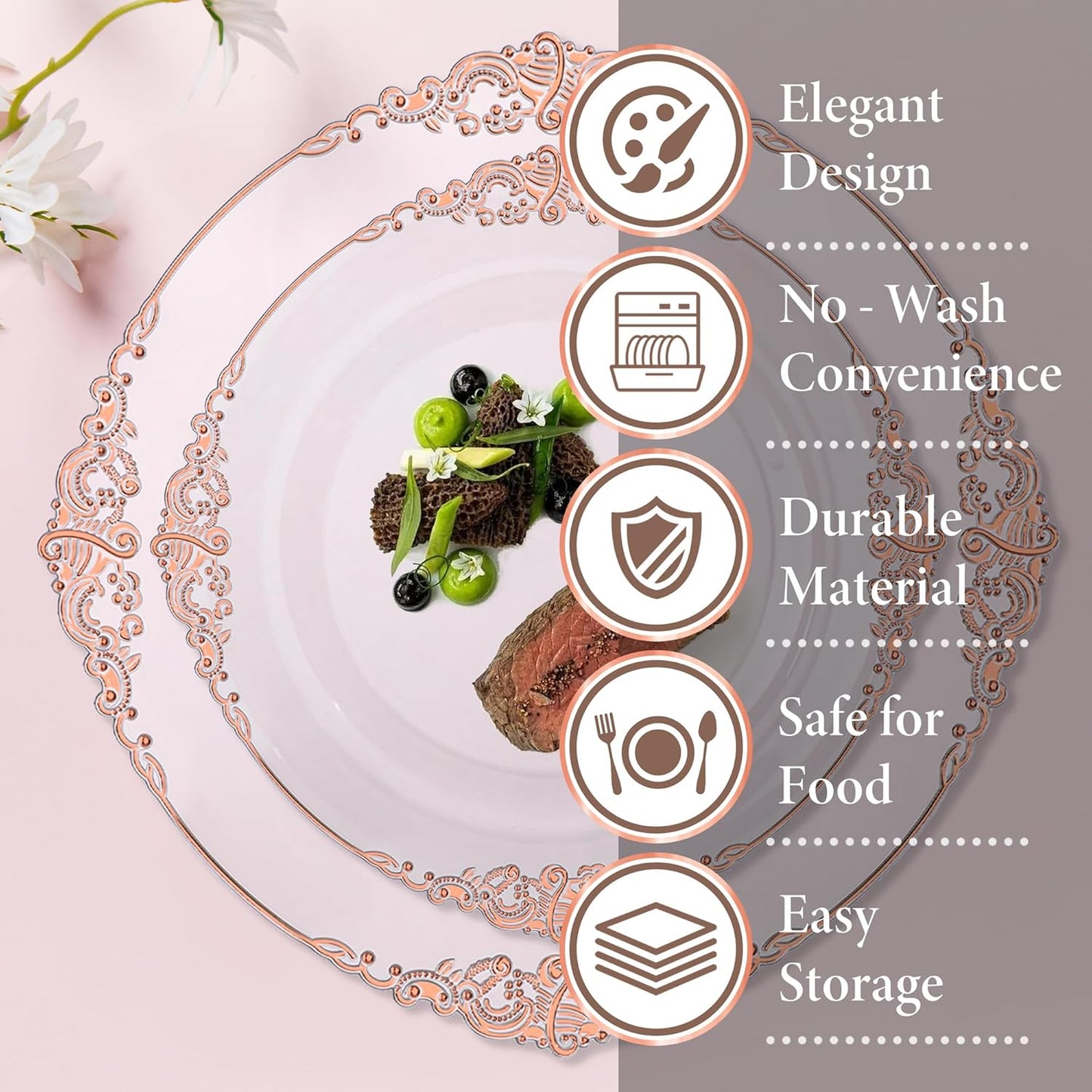 Nervure 175PCS Rose Gold Plastic Plates - Disposable Rose Gold Party Plates & Pre Rolled Napkins with Cutlery for 25 Guests, 50Plates, 75Silverware, 25Cups, 25Napkin for Wedding & Party