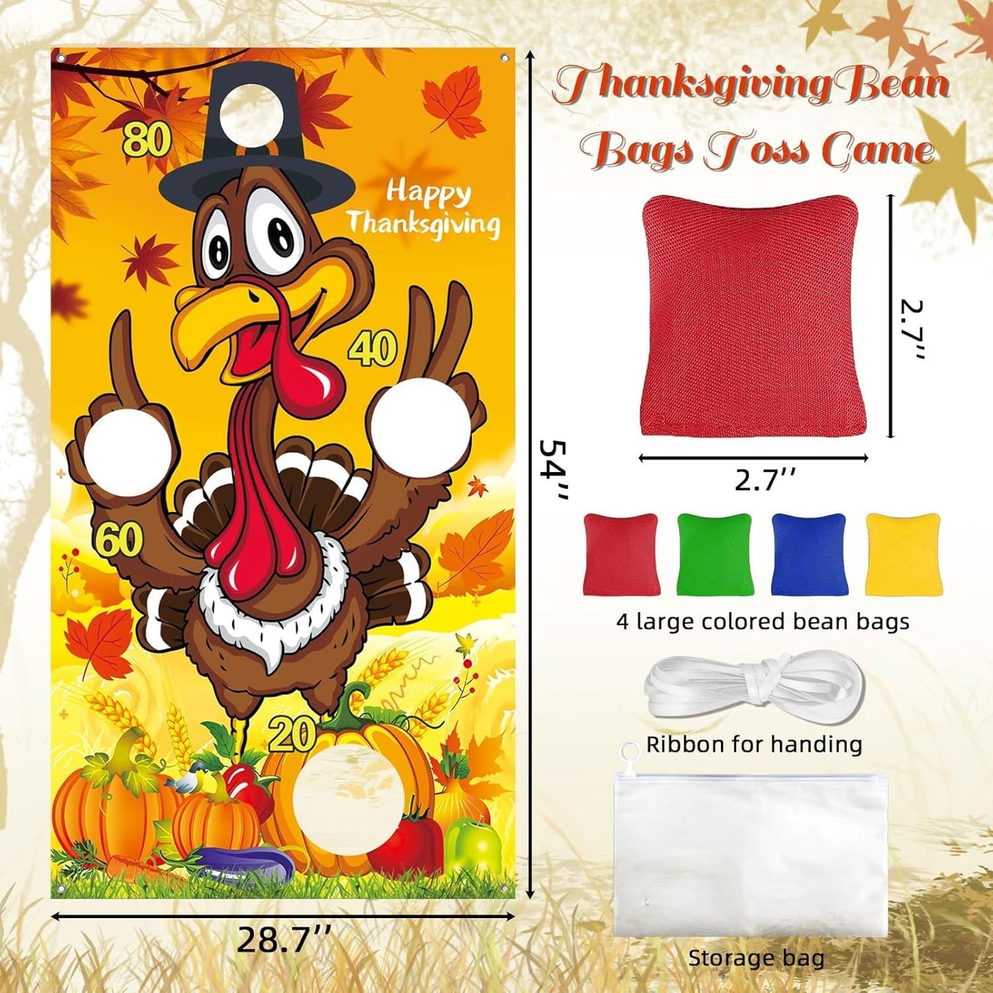 Upgraded, Fall Festival Games, Funny Turkey Toss Game, with 4 Bean Bags, Classic Design, Premium Banner, Accessories, Storage Bag, Thanksgiving Games for Kids Teen, Friendsgiving Party Decorations
