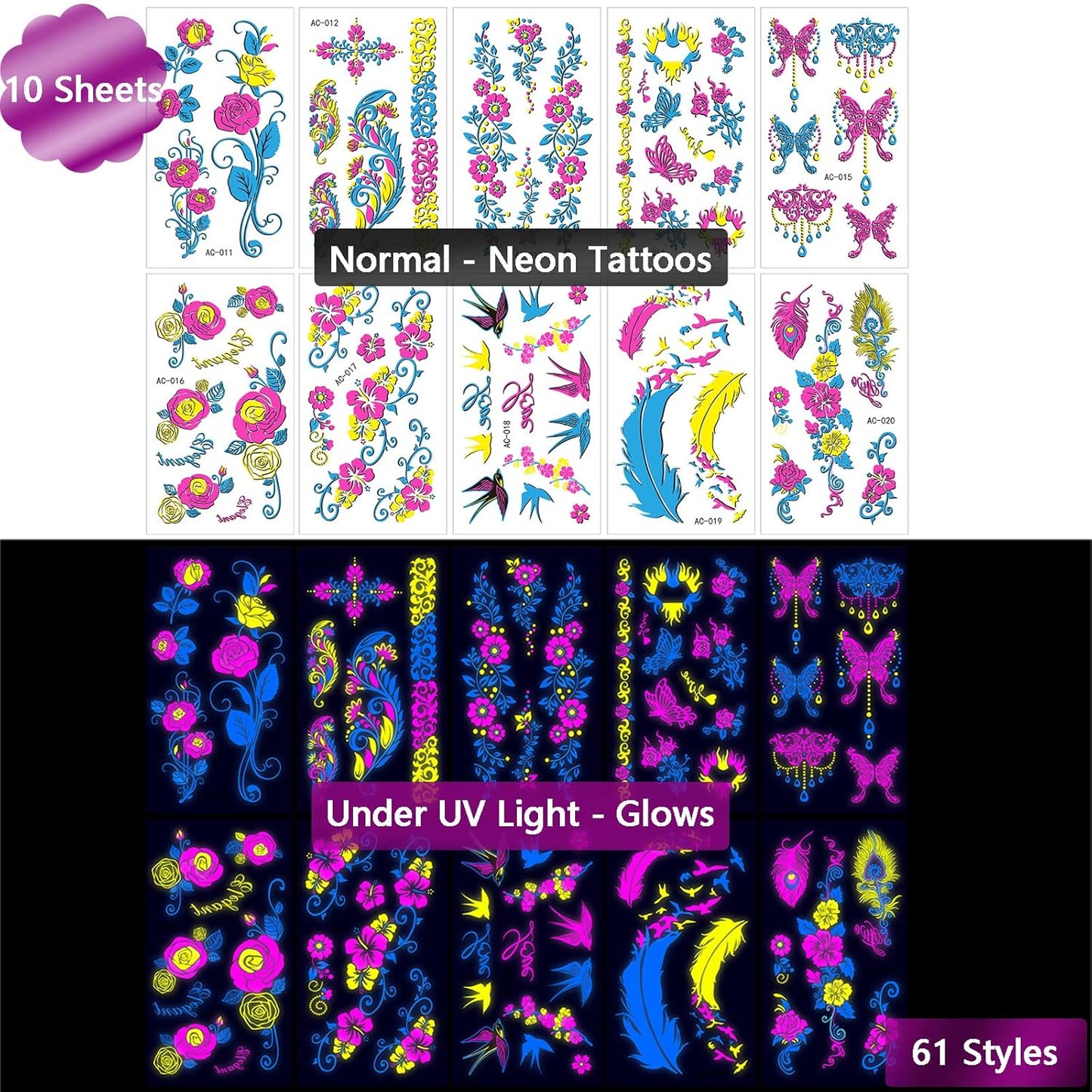 Neon Temporary Tattoos Glow In The UV Neon Tattoos Stickers 61 Glitter Styles Flowers Butterfly Feather Colorful Fake Waterproof Tattoos for Women Girls Party Decoration