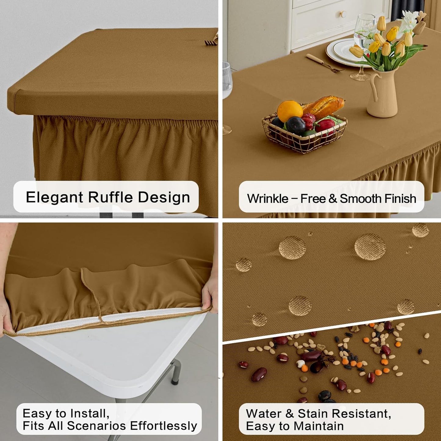 4ft Coffee Stretch Tablecloth for Rectangular Tables - Flared Wrap Design, Waterproof, Wrinkle-Resistant, Washable - Ideal for Weddings, Parties, Banquets & Table Protection