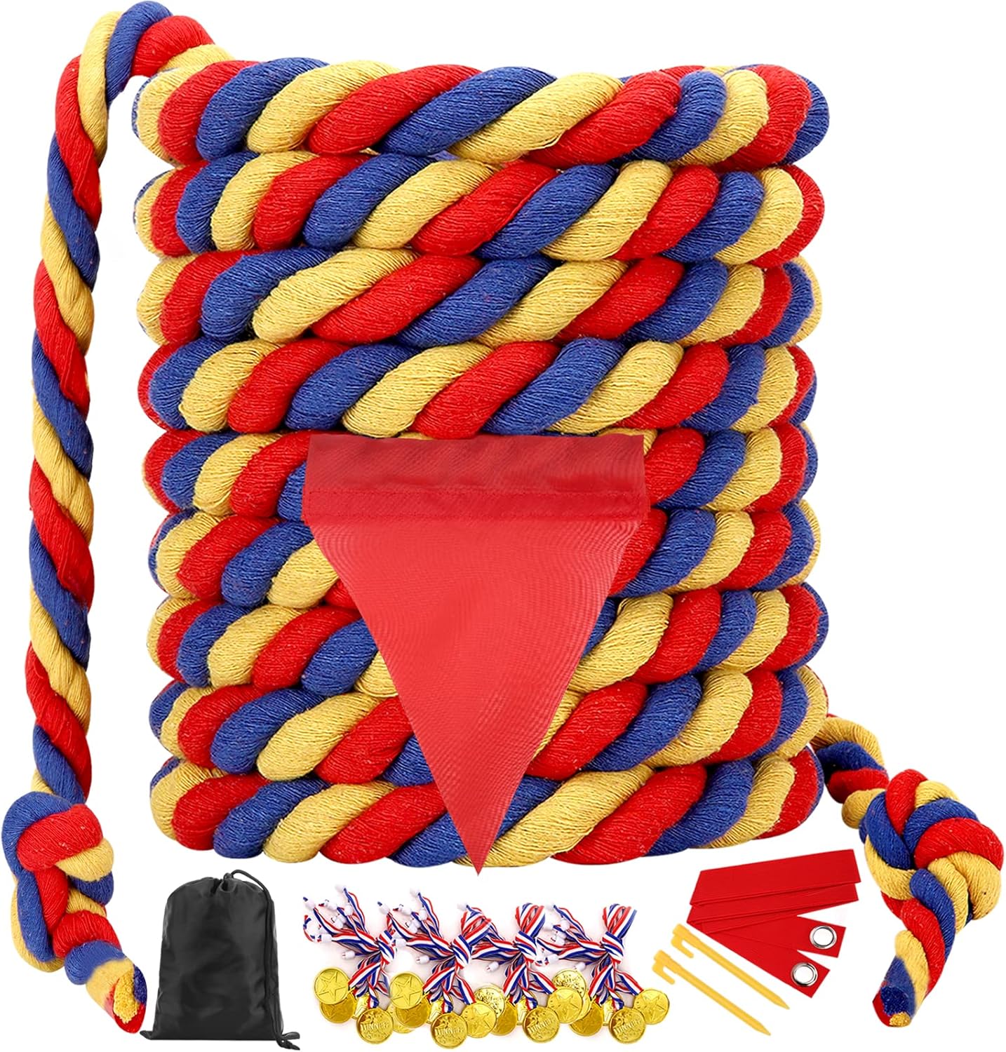 Tug of War Rope 60FT Outdoor Yard Games for Kids and Adults, Field Day Family Reunion Birthday Party Games,Carnival Game, Outside Backyard Lawn Yard Games Fun for Team Building Activities, Tricolor