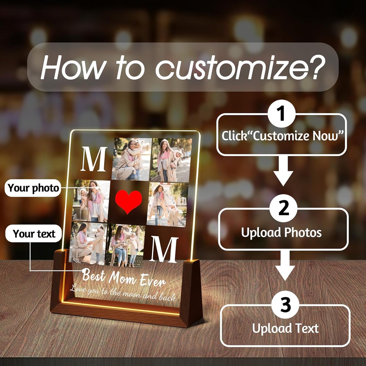 Personalized Mothers Day Birthday Gifts For Mom, Custom Best Mom Ever Gifts From Daughter Son Husband, Customized LED Plaque Picture Frame With Photo Name For Mama Grandma Wife Women Christmas Gift