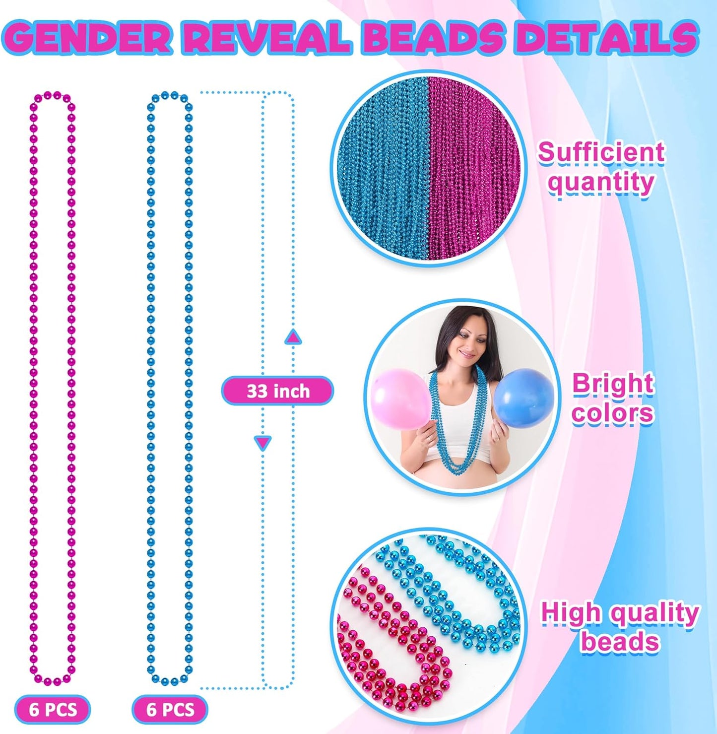 Gender Reveal Beads Decorations, 12PCS Pink Blue Gender Reveal Necklaces, 33" Round Beads Necklace Baby Gender Reveal Ideas, Boy or Girl Gender Reveal Party Accessories Sets Celebrations Decorations