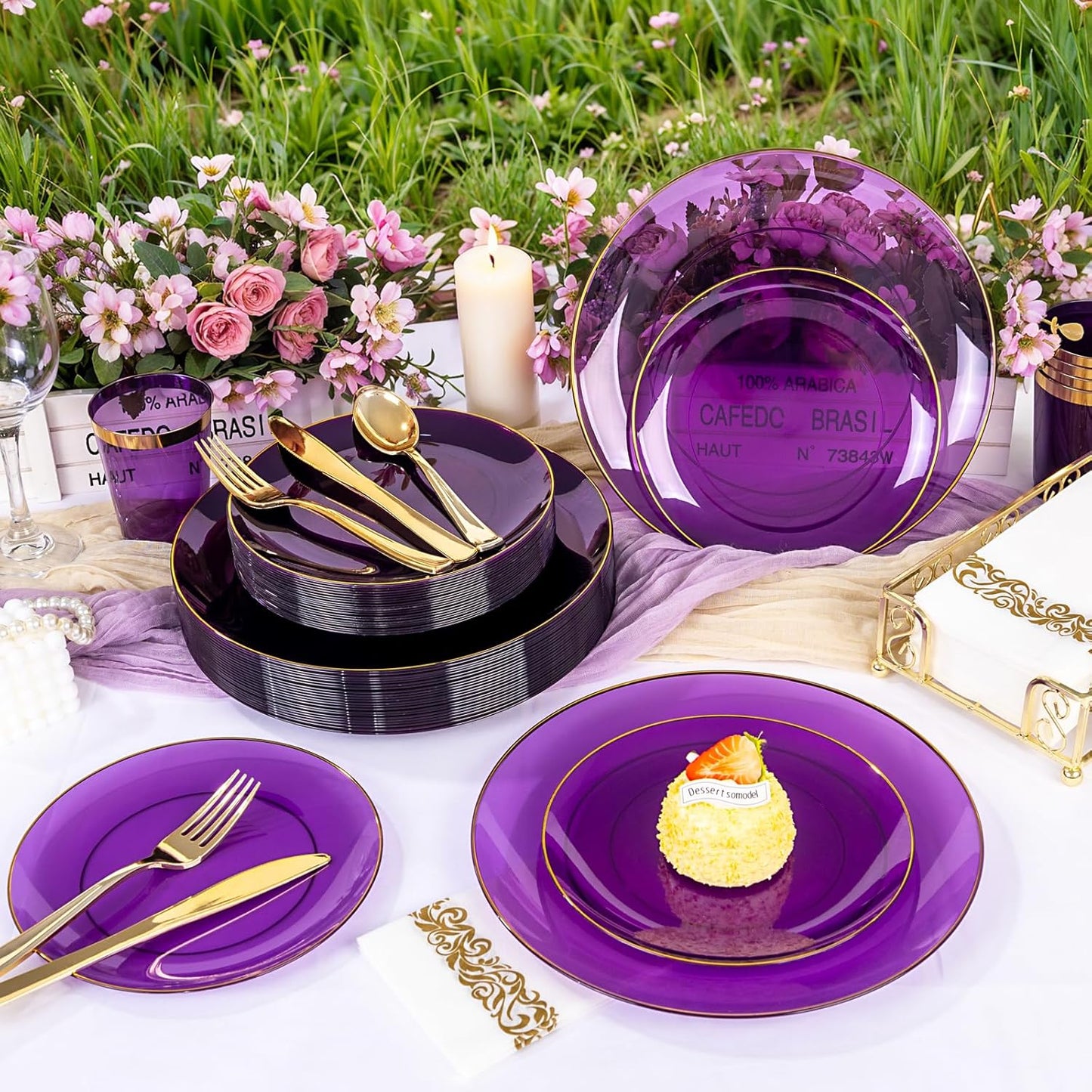 YOUBET 175PCS Purple Plastic Plates - Purple and Gold Disposable Plates Include 50 Plate, 75 Silverware, 25 Cups, 25 Napkins for Wedding & Party