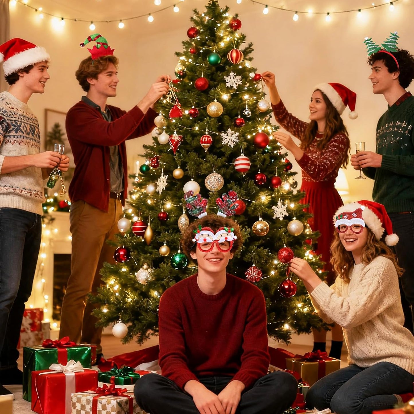 15 Pcs Christmas Headwear Headbands and Glasses Set – Santa Hats, Reindeer Antlers, and Festive Party Accessories for Xmas Dress-Up, Photo Booth Props, and Holiday Celebrations