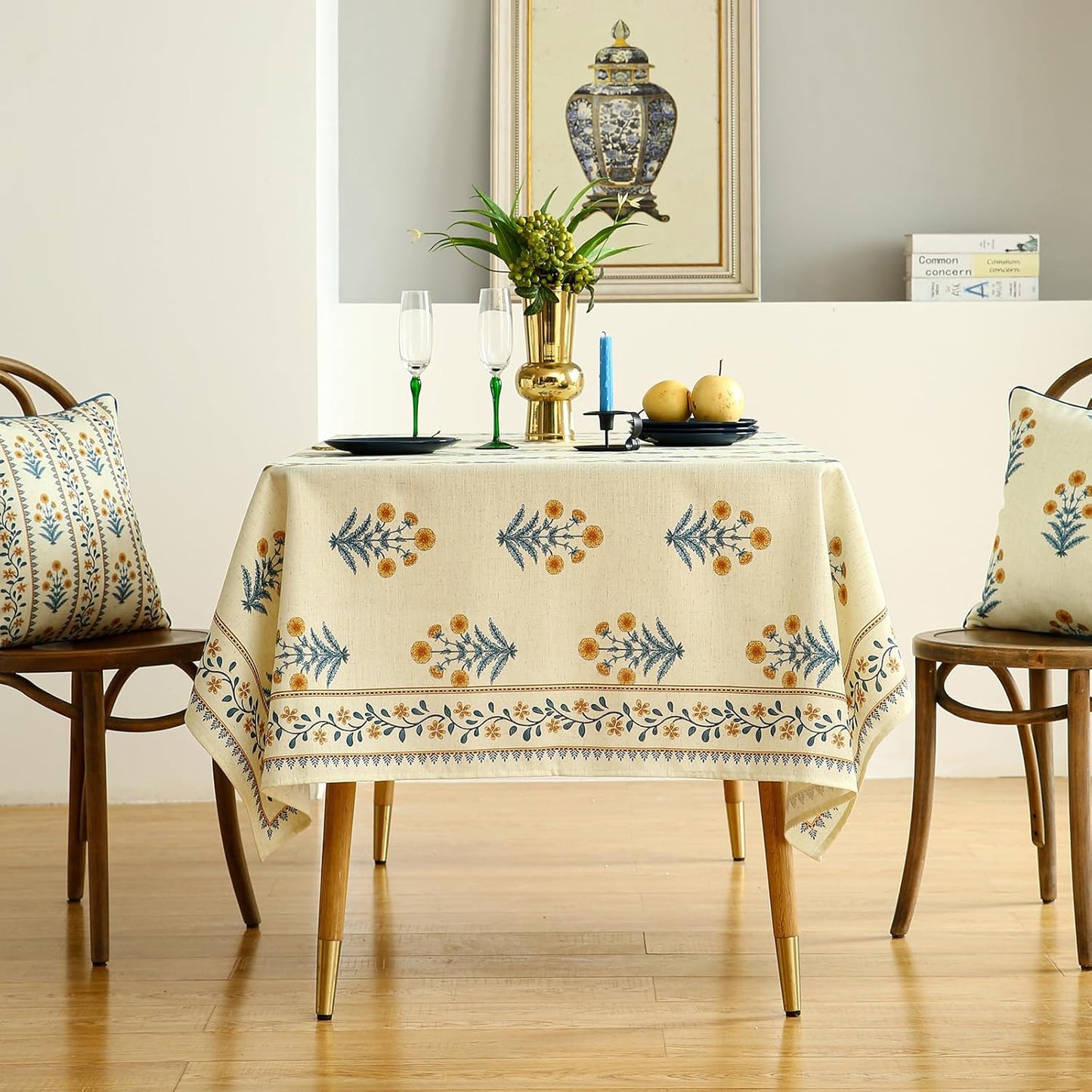 ISAENNE Designer French Pale Yellow Rectangular Tablecloth,Linen Floral Table Cloth,Wrinkle Resistant Decor Tablecloths for Dining Thanksgiving Banquet Kitchen Party,55"*87"-Estevan A