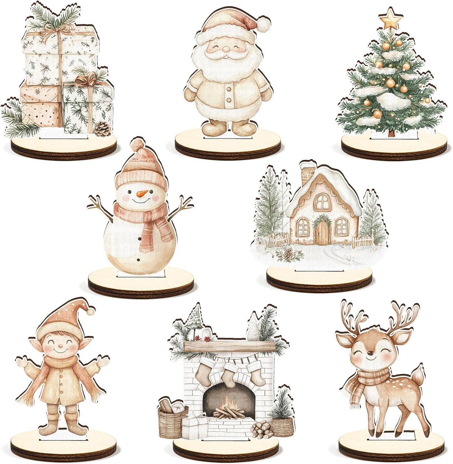 16 Pcs Wooden Boho Sad Beige Christmas Table Centerpiece Vintage Watercolor Xmas Tabletop Detachable Sign Farmhouse Snowman Deer Santa Table Toppers Display Decor Photo Props Party Favor Supplies