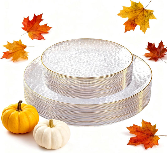 SUT 36Pcs Clear Thanksgiving Plastic Plates, Hammered Plates Disposable Heavy Duty, Clear Disposable Plates With Gold Rim, Fancy Plastic plates Include 18 Dinner and 18 Dessert plates for Wedding