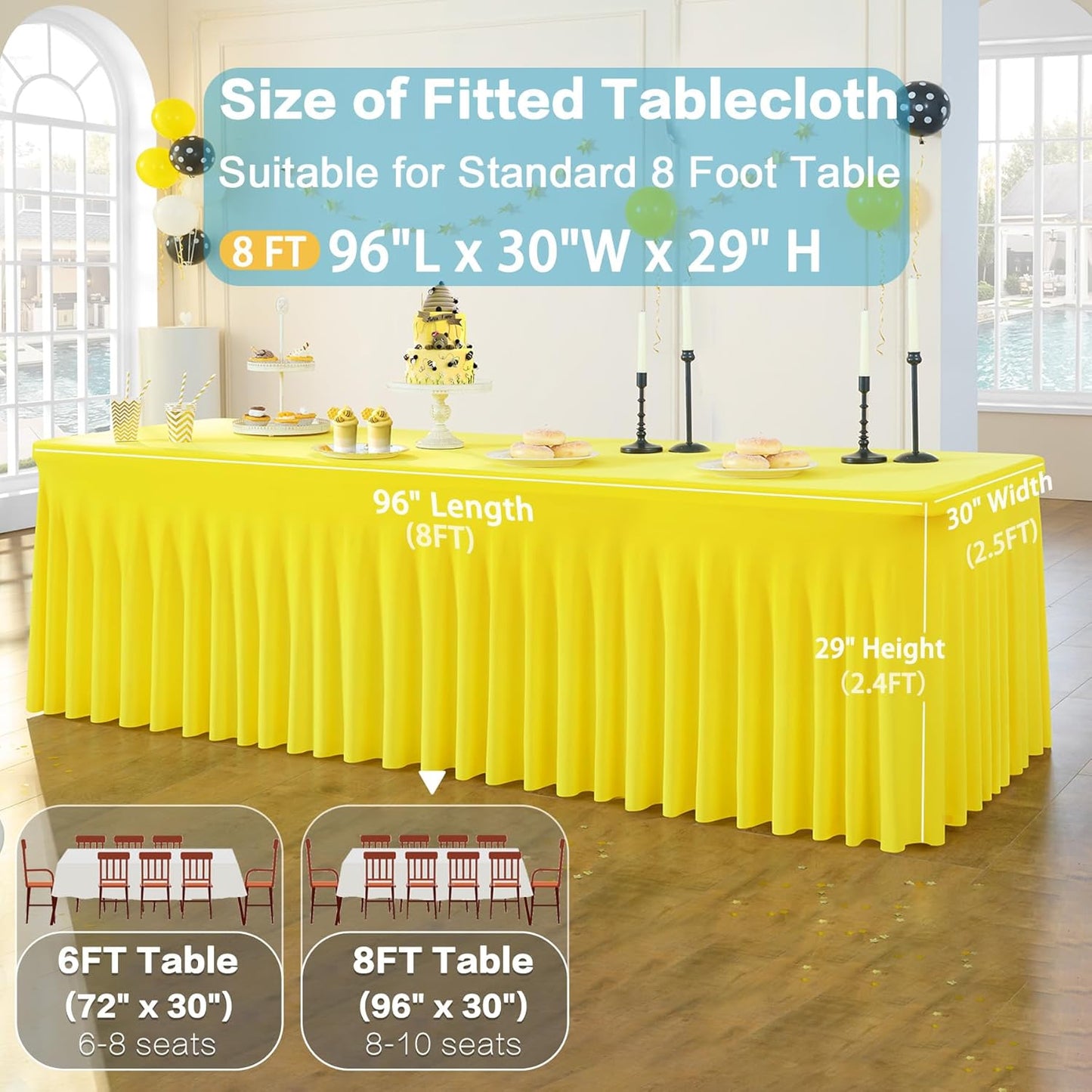 4 Pack Yellow Spandex Tablecloths for 8 Foot Rectangle Tables, Wrinkle Free Lemon Fitted Tablecover 8ft Stretchy Table Clothes with Skirt for Weddings Birthday Party Banquet Baby Shower