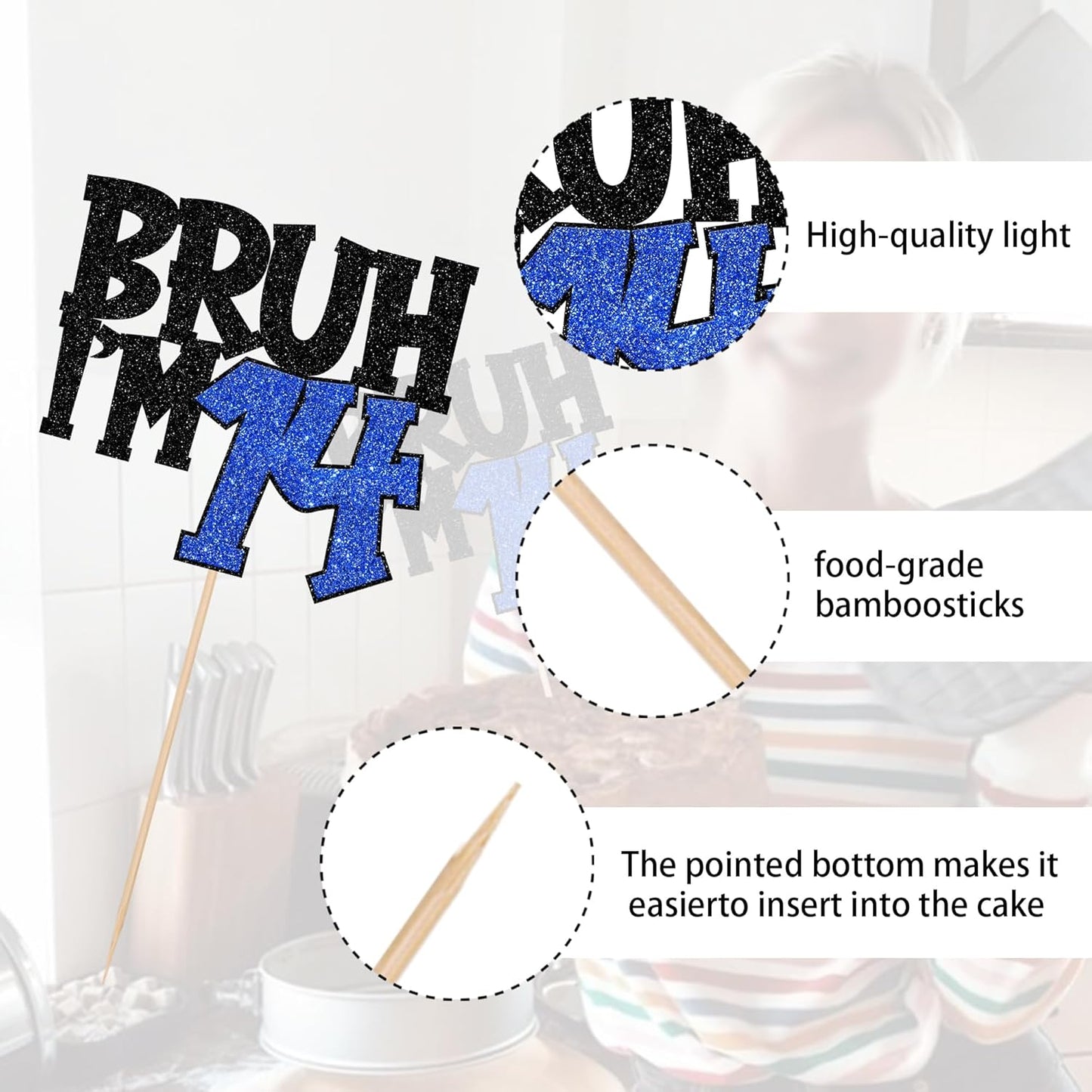 1 PCS Bruh I'm 14 Cake Topper Glitter Happy 14th Birthday Cake Pick Bro I'm 14 Cake Decoration It's My 14th Birthday Decorations for Cheers to 14 Years Old Birthday Anniversary Party Supplies Blue
